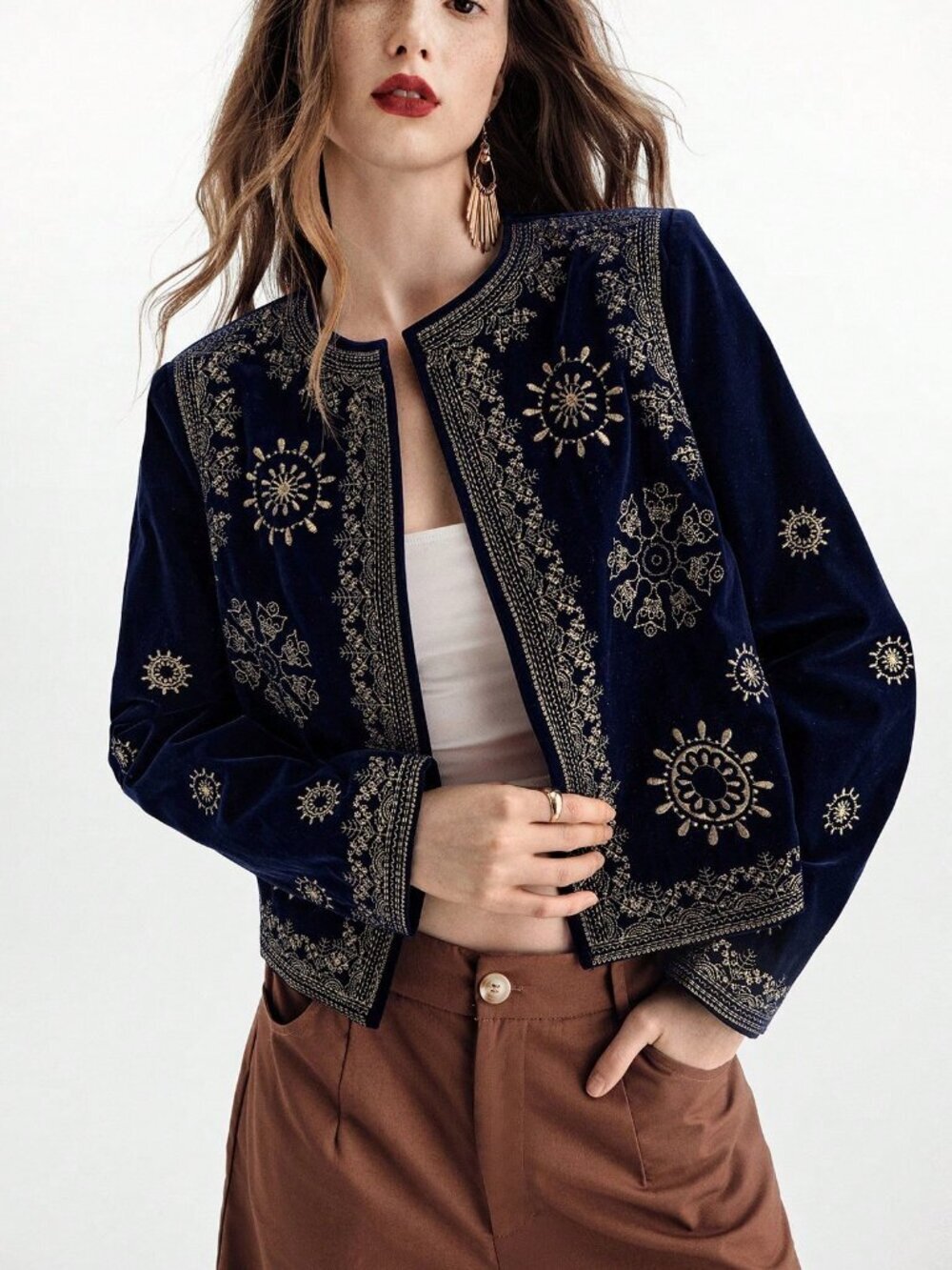Blue Casual Women's Premium velvet Embroidery Jacket Outerwear